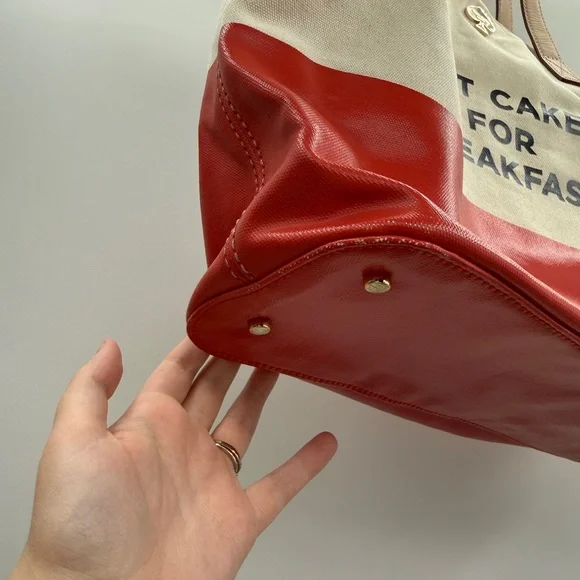 Kate Spade Eat Cake For Breakfast Canvas Tote Bag Red White Leather Trim - Picture 8 of 15